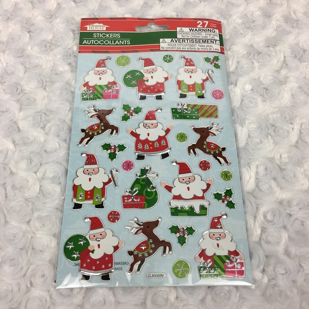 Christmas Holiday Santa Reindeer Holly‎ Metallic Dimensional 27 Count Stickers